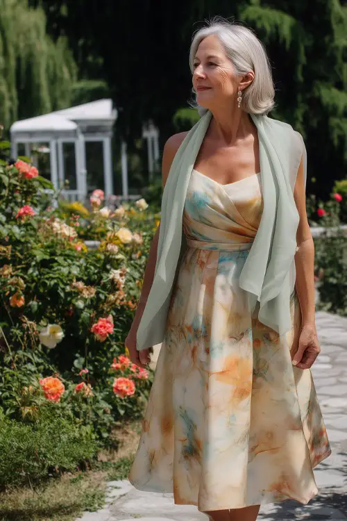 a woman over 50 wears a pastel wedding guest dress