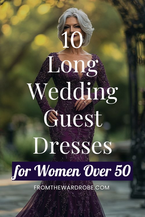 a woman over 50 wears a purple long wedding guest dress