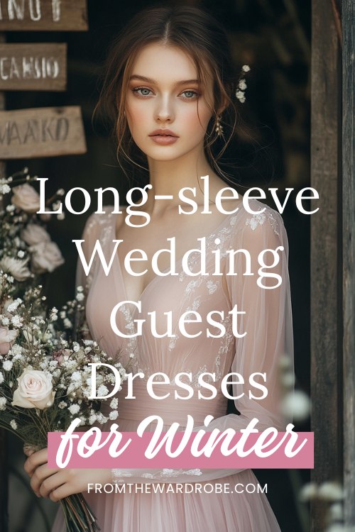 a woman wears a blush long sleeve wedding guest dress for winter