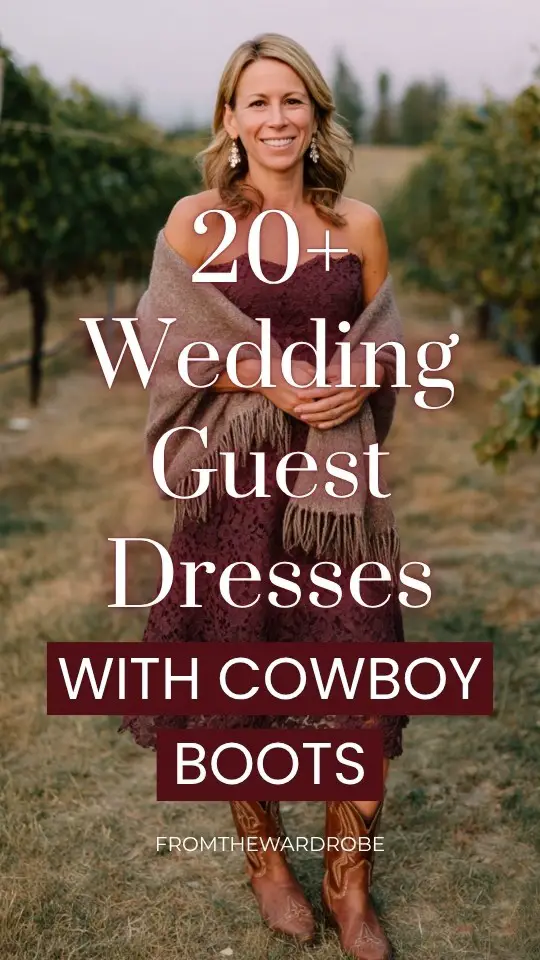 a woman wears a burgundy wedding guest dress with cowboy boots