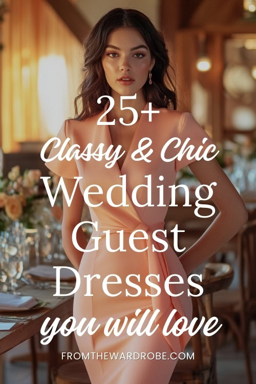 a woman wears a classy and chic wedding guest dress