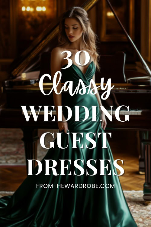 a woman wears a classy satin green wedding guest dress