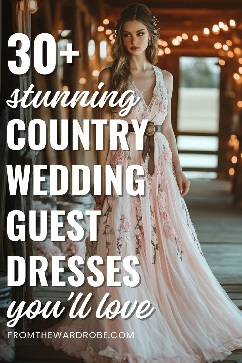 a woman wears a country pink floral wedding guest dress