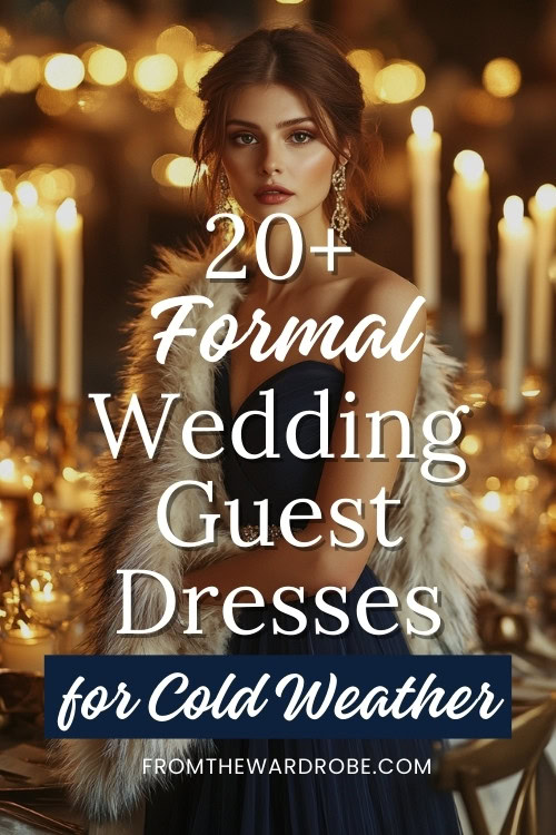 a woman wears a formal wedding guest dress for cold weather