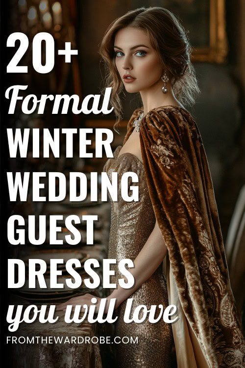 a woman wears a formal wedding guest dress for winter