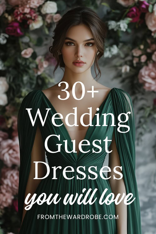 a woman wears a green wedding guest dress