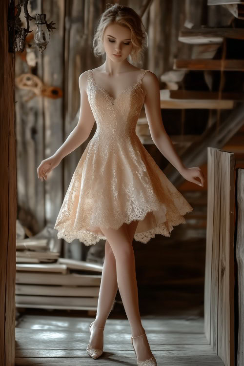 a woman wears a light colored wedding guest dress with flare hem and lace accents