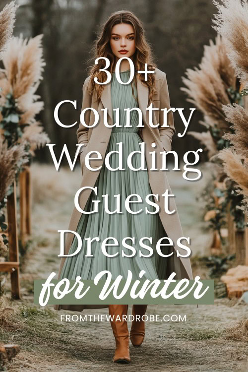 a woman wears a light green country wedding guest dress with a long coat and boots for winter