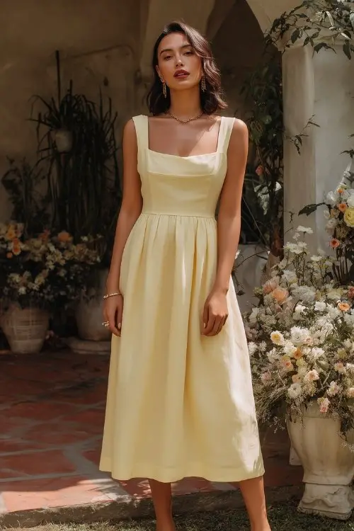 a woman wears a light yellow wedding guest dress with two straps