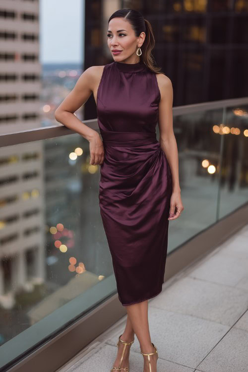 a woman wears a sleeveless plum wedding guest dress with gold heels