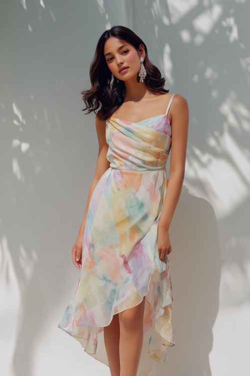 a woman wears a watercolor wedding guest dress with statement earrings