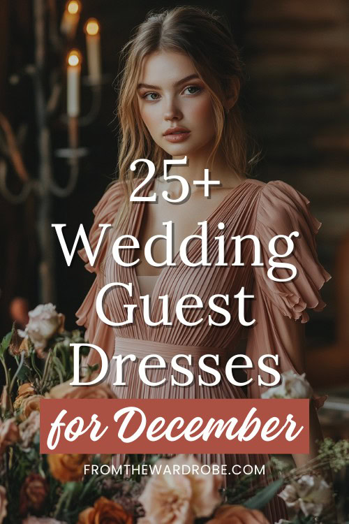 a woman wears a wedding guest dress for december