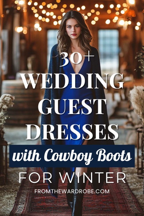 a woman wears a wedding guest dress with cowboy boots in winter