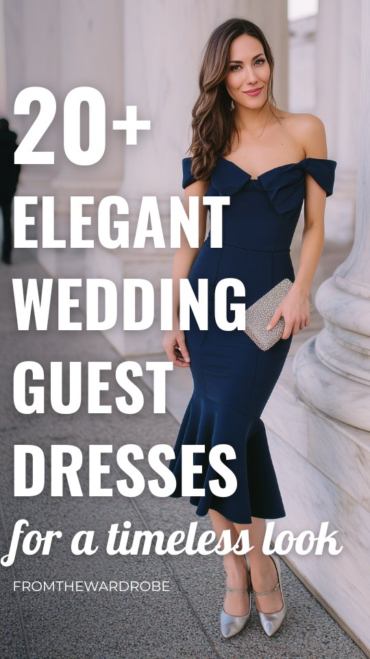 a woman wears an elegant navy blue off shoulder wedding guest dress with mermaid hem