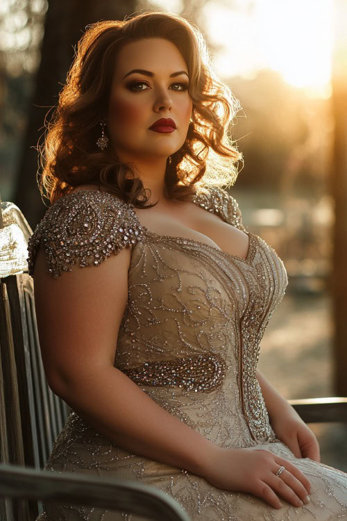 chic plus-size woman in a champagne-colored peplum dress with intricate beading on the bodice and a fishtail hem