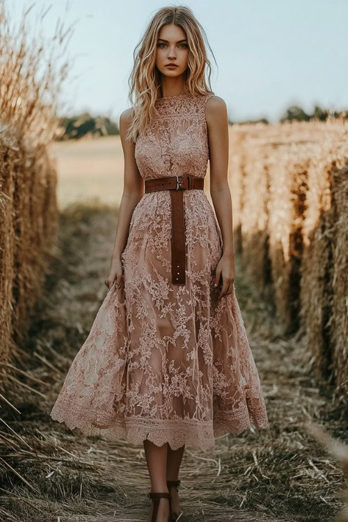 chic woman in a dusty rose knee-length dress with floral embroidery, styled with a wide leather belt