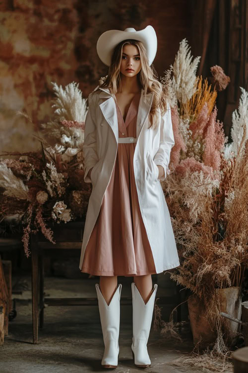 fashionable woman in a dusty rose midi dress paired with white cowboy boots and a cropped trench coat