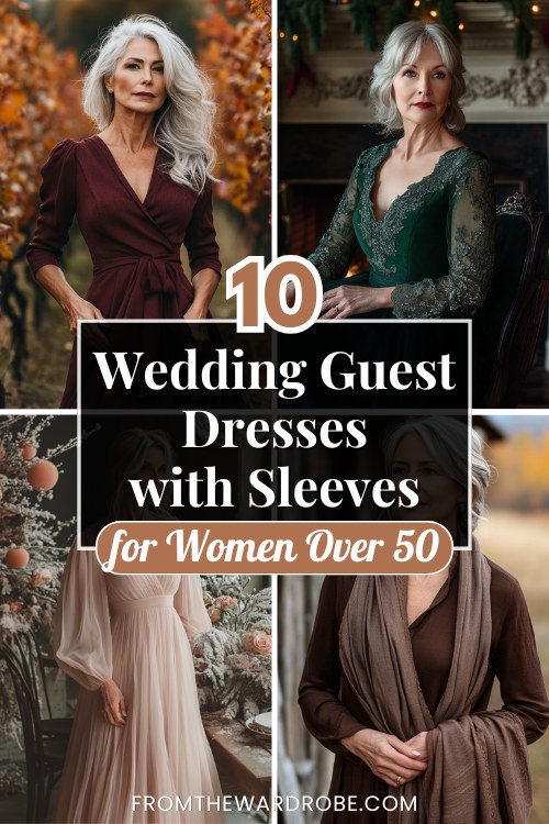 women over 50 wears wedding guest dresses with sleeves