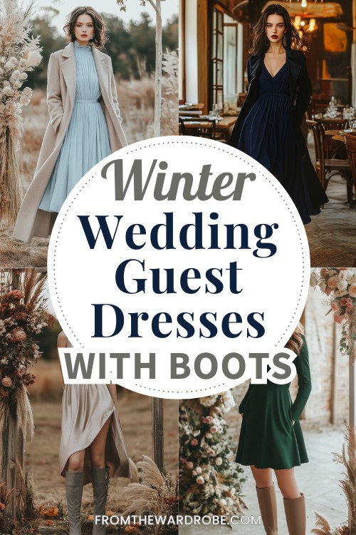 women wear wedding guest dresses with boots in winter