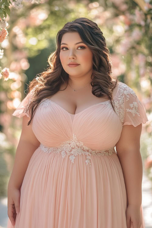 A chic plus-size woman in a blush pink tea-length midi dress with a gathered waist, short puff sleeves, and lace embroidery, standing near a brightly lit spring-themed wedding arch