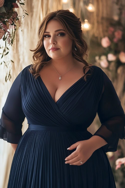 A chic plus-size woman in a navy wrap dress with three-quarter sleeves and a pleated skirt, standing near a softly lit wedding stage with floral accents