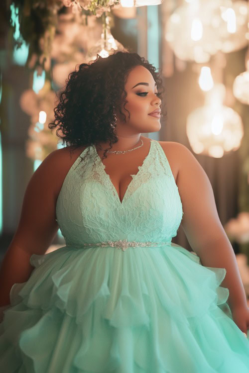 A chic plus-size woman in a pastel mint green sleeveless midi dress with a keyhole neckline, a tiered skirt, and subtle floral lace, standing near a softly lit floral wedding reception