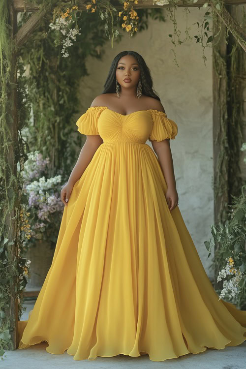 A chic plus-size woman in a sunflower yellow midi dress with puff sleeves, a gathered bodice, and a flowing skirt, standing near a rustic spring wedding stage adorned with greenery