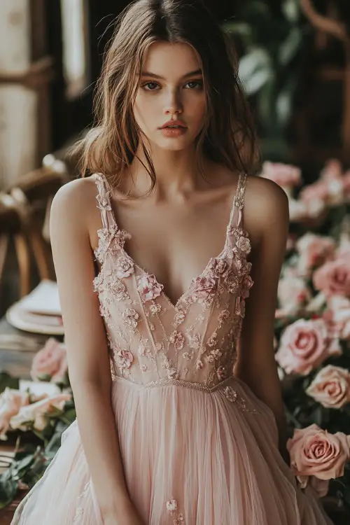 A chic woman in a blush pink sleeveless midi dress with a square neckline, a tulip hemline, and floral embroidery