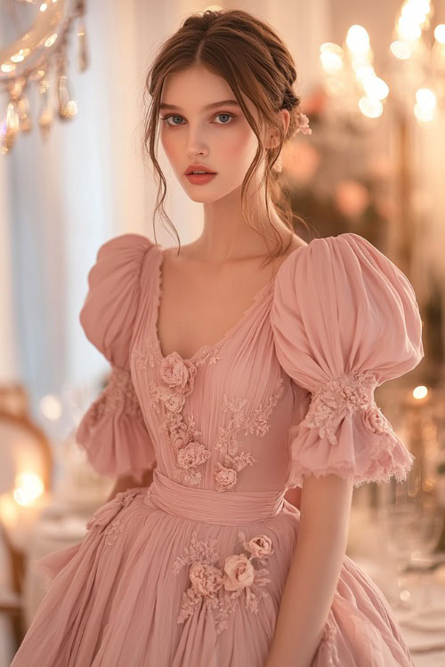 A chic woman in a blush pink tea-length A-line dress with puff sleeves, a gathered waist, and floral appliqués