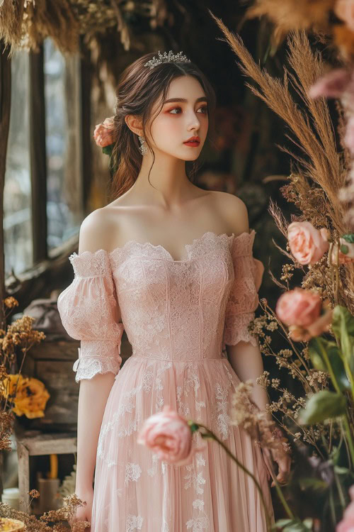 A chic woman in a blush pink tea-length midi dress with a square neckline, puff sleeves, and lace appliqués, standing near a rustic floral wedding setup