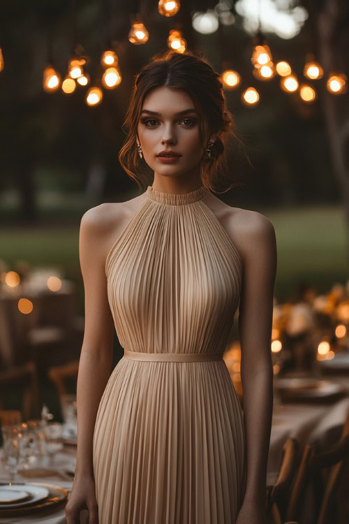 A chic woman in a champagne-colored tea-length dress with a pleated skirt and sheer neckline, standing near a softly glowing outdoor wedding reception