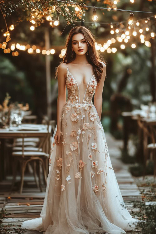 A chic woman in a champagne-colored tea-length dress with floral embroidery, standing near an outdoor wedding reception area surrounded by string lights