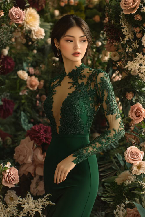 A chic woman in a deep emerald green sheath gown with a slit hem and long lace sleeves, standing near a clean and minimal floral wedding setup