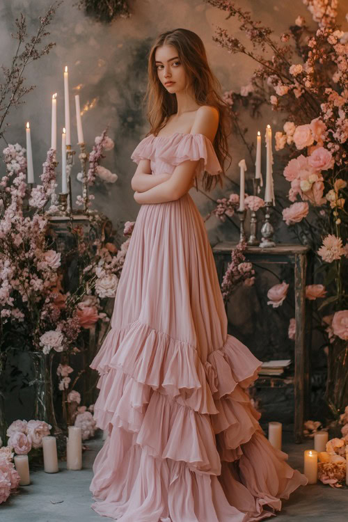 A chic woman in a dusty rose off-shoulder tea-length dress with a tiered skirt and ruched bodice, standing near a spring-themed floral wedding stage with candles