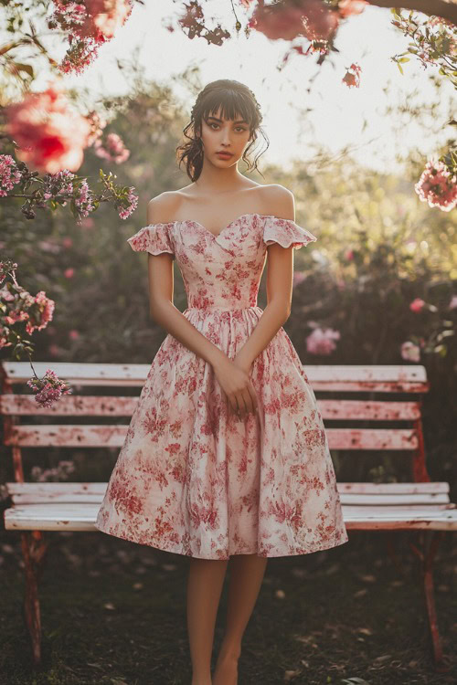 A chic woman in a dusty rose tea-length dress with a scalloped neckline and subtle floral prints, standing near a brightly lit floral wedding bench (3)