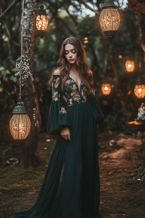 A chic woman in a forest green maxi dress with long bell sleeves and floral embroidery, standing near a softly glowing wedding setup decorated with lanterns