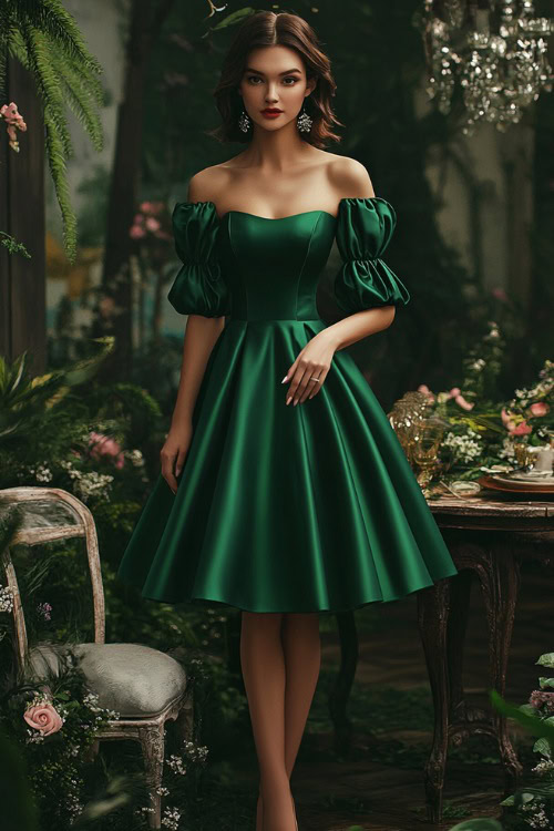 A chic woman in a knee-length emerald green fit-and-flare cocktail dress featuring puffed sleeves, a pleated bodice, and a tulip hemline