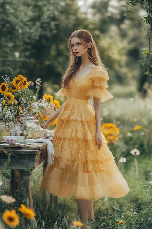 A chic woman in a knee-length sunflower yellow dress with a smocked bodice, flutter sleeves, and a tiered skirt