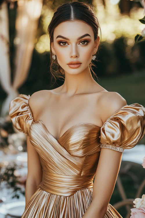 A chic woman in a metallic gold midi dress with structured puff sleeves, a corset-style bodice, and a flowing pleated skirt, posing near an elegant spring garden wedding setup