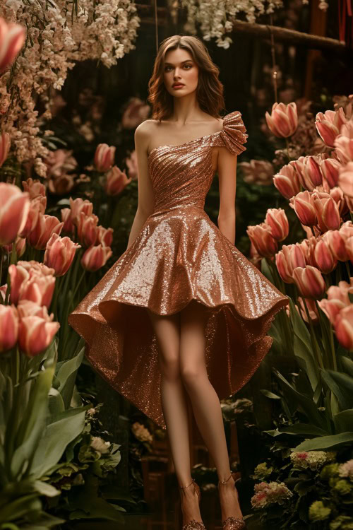 A chic woman in a metallic rose gold knee-length high-low cocktail dress with one-shoulder detailing and ruffled accents, standing near a grand floral wedding stage surrounded by tulips