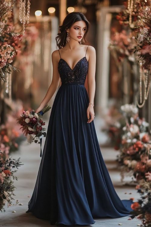 A chic woman in a navy A-line maxi dress with a sweetheart neckline, subtle beading, and a flowing hemline, standing near a floral wedding aisle