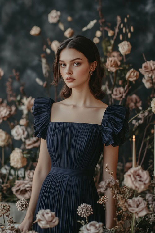 A chic woman in a navy pleated midi dress with a square neckline, short puff sleeves, and a gathered waist, standing near a candlelit floral wedding table