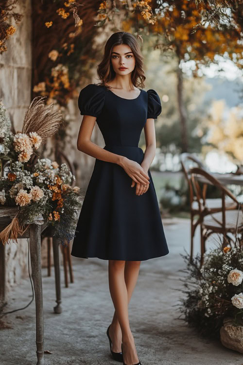 A chic woman in a navy tea-length A-line dress with puff sleeves, a gathered waist, and a scalloped hemline, standing near a rustic floral wedding setup