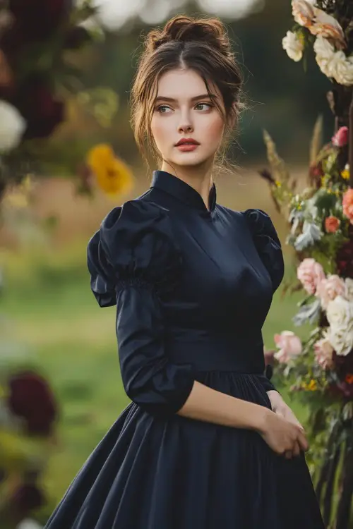 A chic woman in a navy tea-length A-line dress with puff sleeves, a gathered waist, and a scalloped hemline, standing near a rustic floral wedding setup