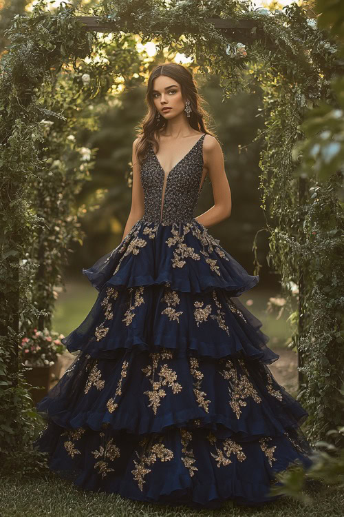 A chic woman in a navy tiered dress with an asymmetrical neckline and golden floral embroidery, standing near a glowing outdoor wedding arch surrounded by greenery