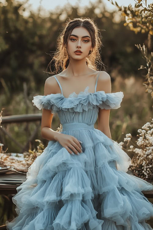 A chic woman in a pastel blue bubble dress with a ruffled neckline, a flared hem, and adjustable straps, standing near a softly glowing rustic wedding table