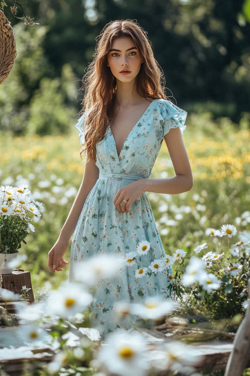 A chic woman in a pastel blue midi wrap dress with flutter sleeves, a scalloped hemline, and subtle floral prints