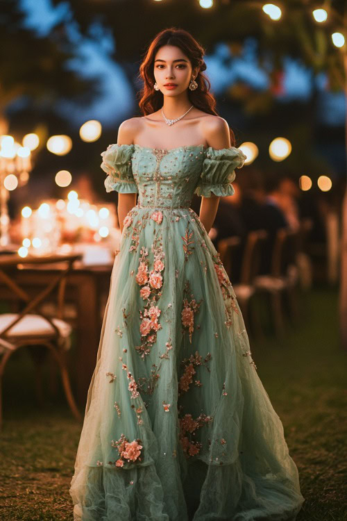 A chic woman in a pastel green off-shoulder maxi dress with puffed sleeves, floral embroidery, and a flared hemline, standing near a candlelit outdoor wedding reception (2)