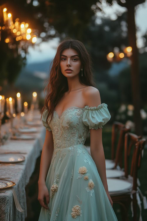 A chic woman in a pastel green off-shoulder maxi dress with puffed sleeves, floral embroidery, and a flared hemline, standing near a candlelit outdoor wedding reception