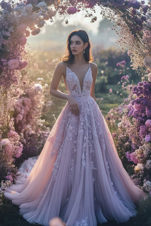 A chic woman in a pastel lavender A-line gown with a pleated skirt, a sweetheart neckline, and intricate lace appliqués, standing near a softly glowing floral wedding arch